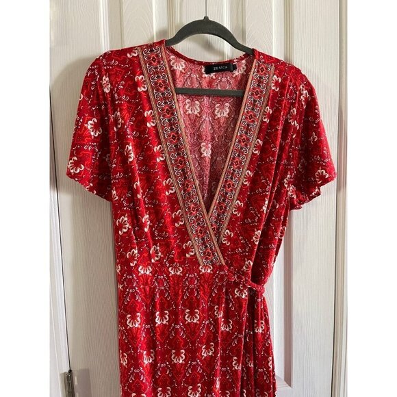 Red Patterned Wrap Dress - Picture 2 of 3